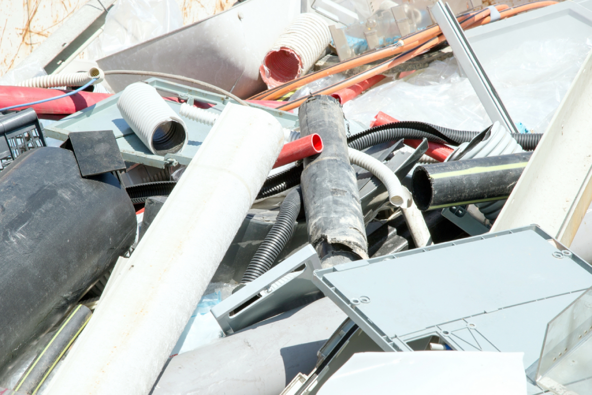 Plastic waste in a skip