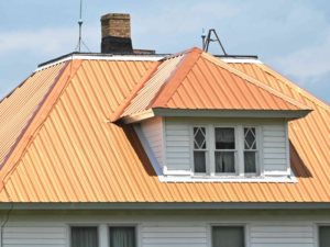 A house with copper roofing